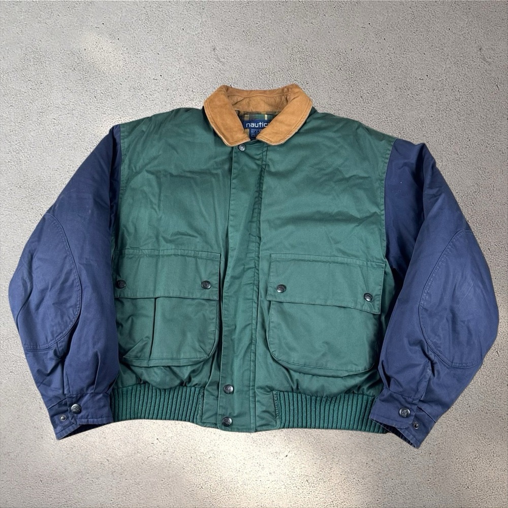 Vintage 90s Nautica Jacket Mens XL Down Puffer Bomber Coat Leather Collar‎